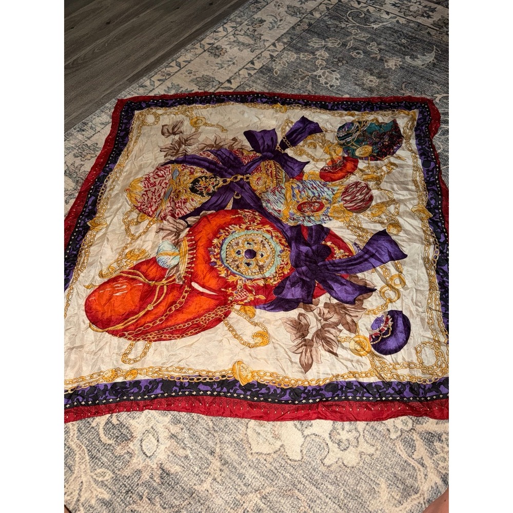 Vintage Park Lane Silk Faberge Ornaments & Gold Chains Red Purple Scarf